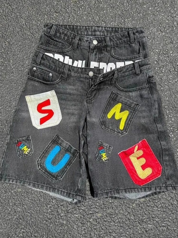 HOUZHOU Vintage Letter Denim Shorts Women Hip Hop Y2k Two Pieces Jorts American Retro Patchwork Baggy Street Short Jeans 251225