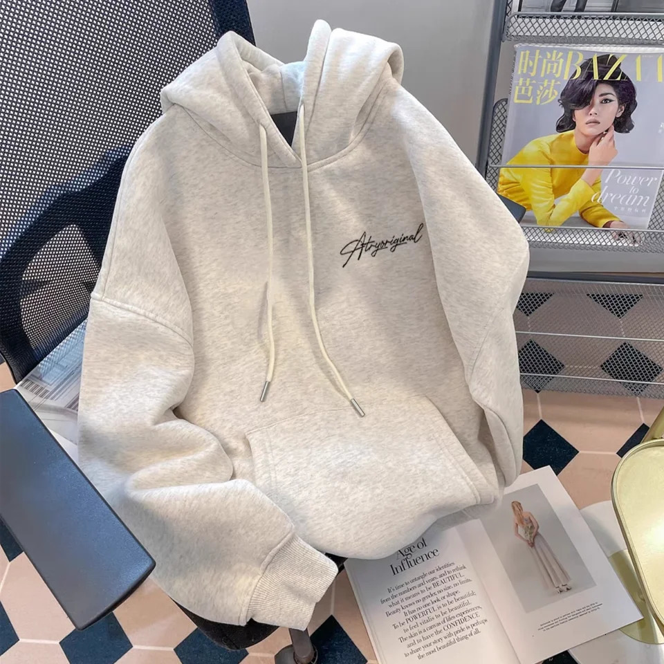 White Gray Letter Print Hooded Hoodie Men Women Autumn Winter Fashion Loose Casual Y2K Tops Cotton Warm Sweatshirt 251225