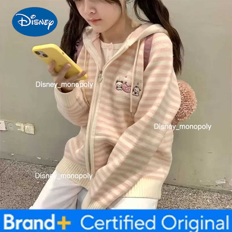 Disney Sweet Hoodie Y2k Aesthetic Cartoon Embroidery Hooded Cardigans Casual Pink Kawaii Stripe Top Women Japanese Loose Zipper Sweater H251225