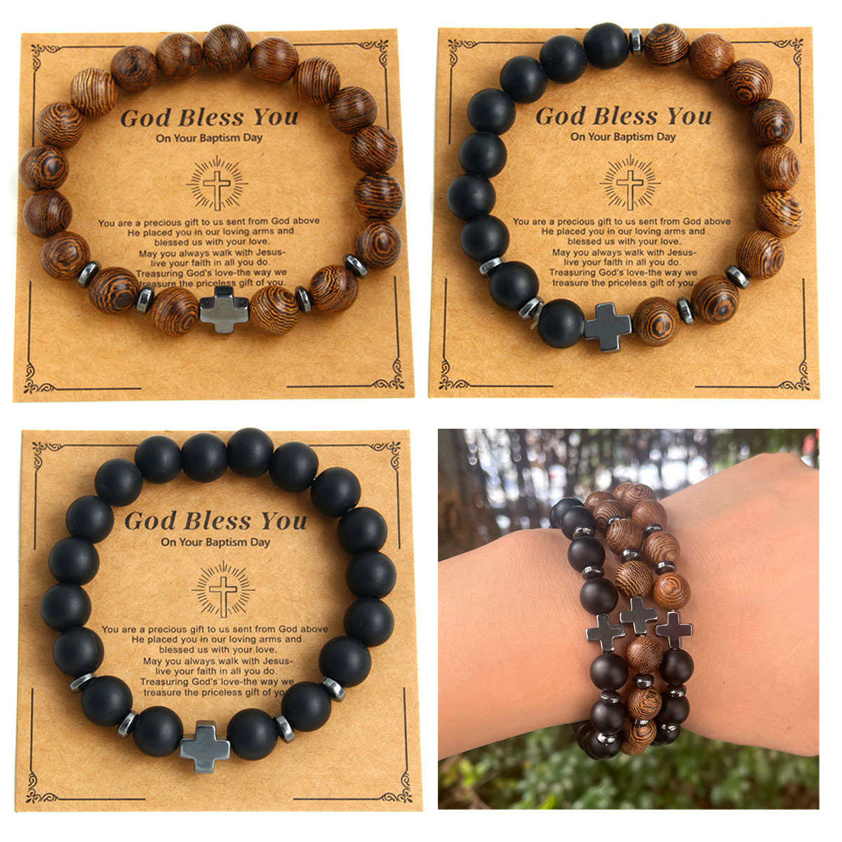 Hot-selling Hand Jewelry Natural Stone Frosted Stone Wooden Bead Bracelet Cross Bracelet 250603