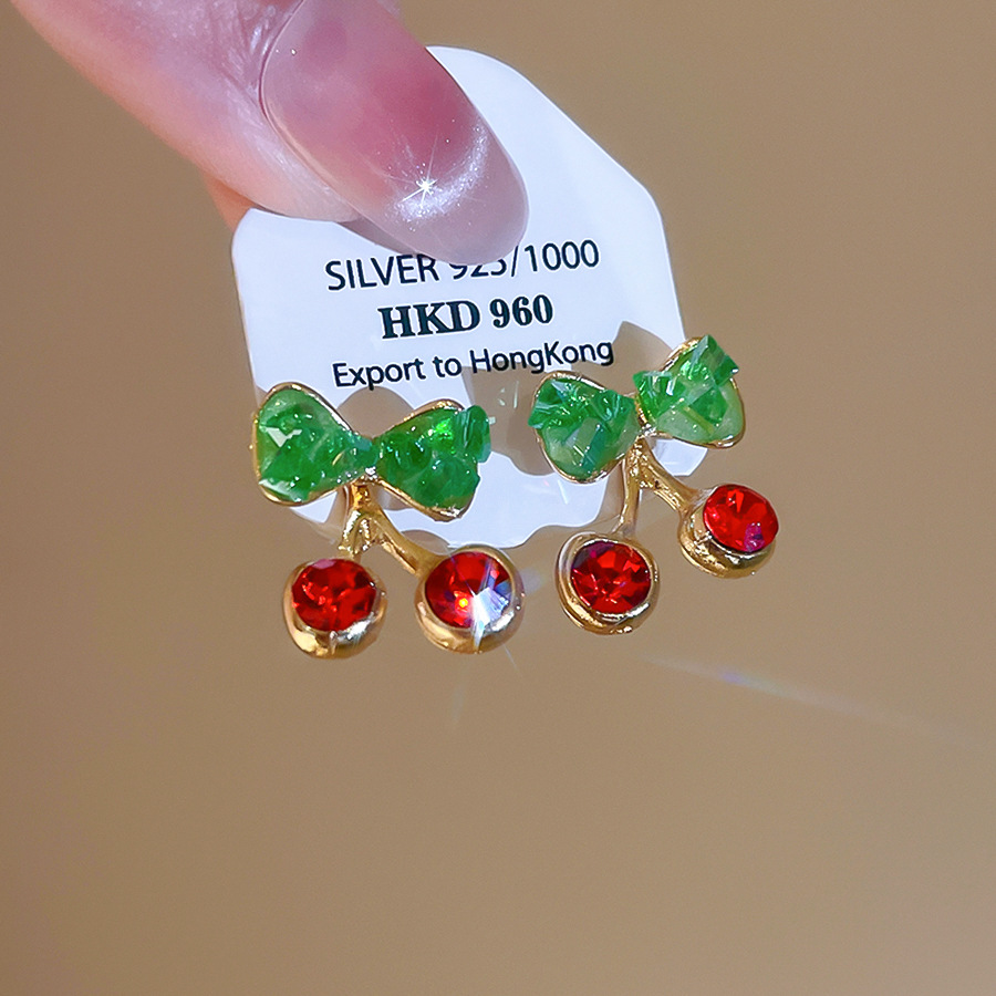 Silver Needle Crystal Bow Cherry Sweet Exquisite Elegant Temperament Earrings Light Luxury High-end Niche Ear Jewelry - view 6