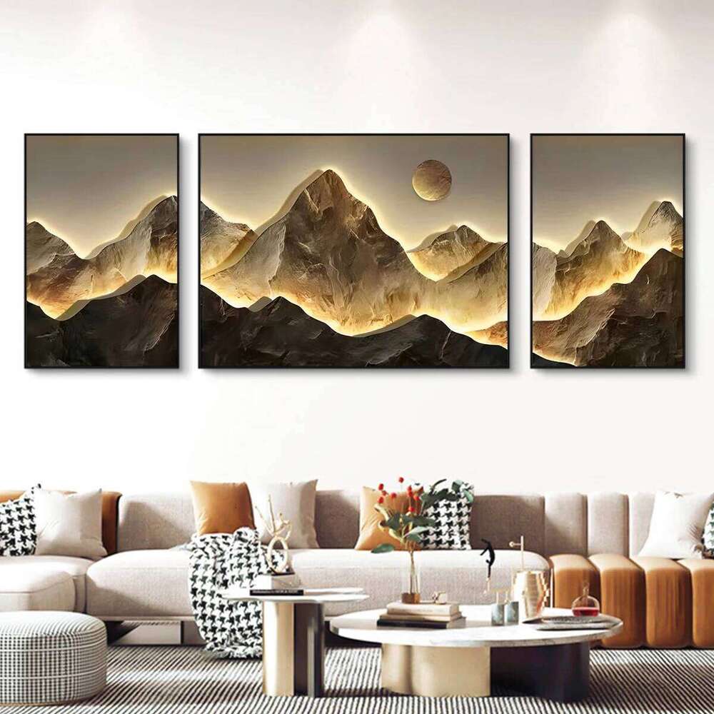 3pcs/set Flat 2D Gold Mountains Full Moon Wall Arts Prints Posters Classic Luxury Canvas Painting Home Decor Art Poster-unframed 25T1225