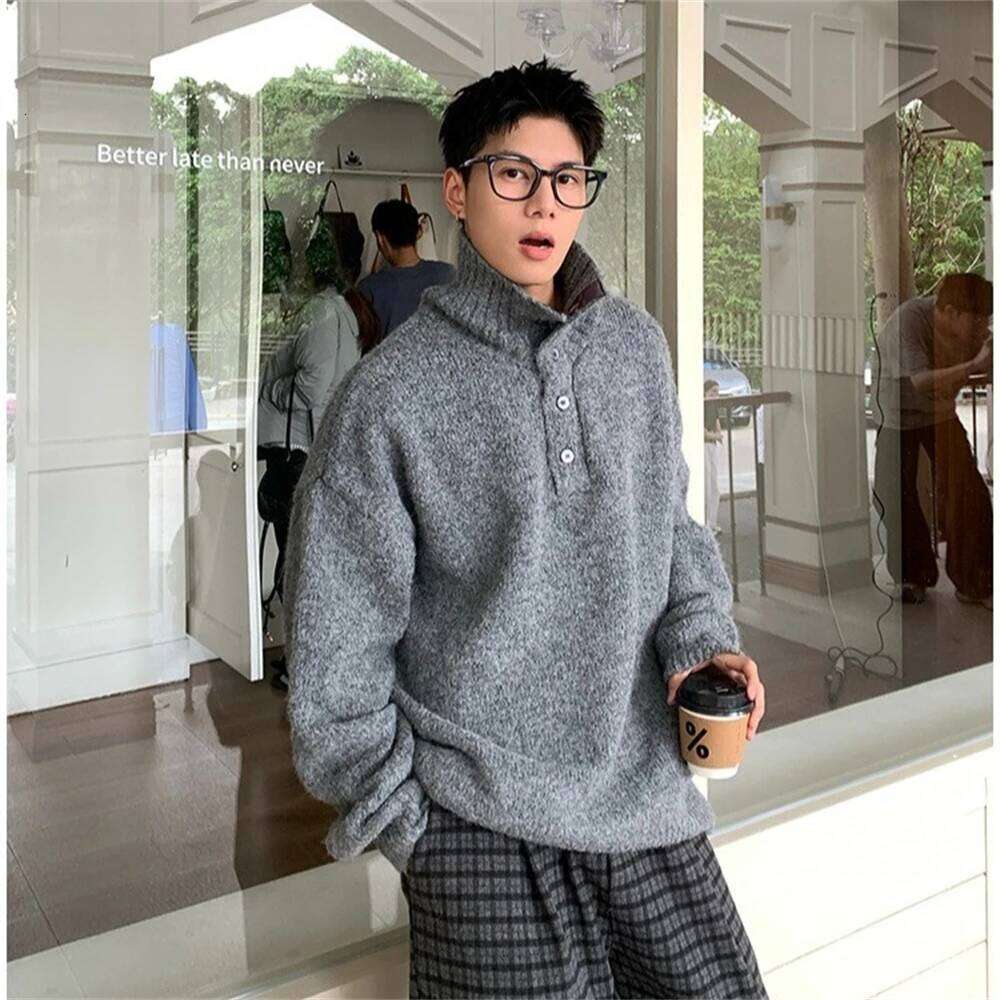 New Men High Collar Knitted Button Up Autumn Winter Warm Outerwear Loose Lazy Style Fashion Turtleneck Knit Sweater