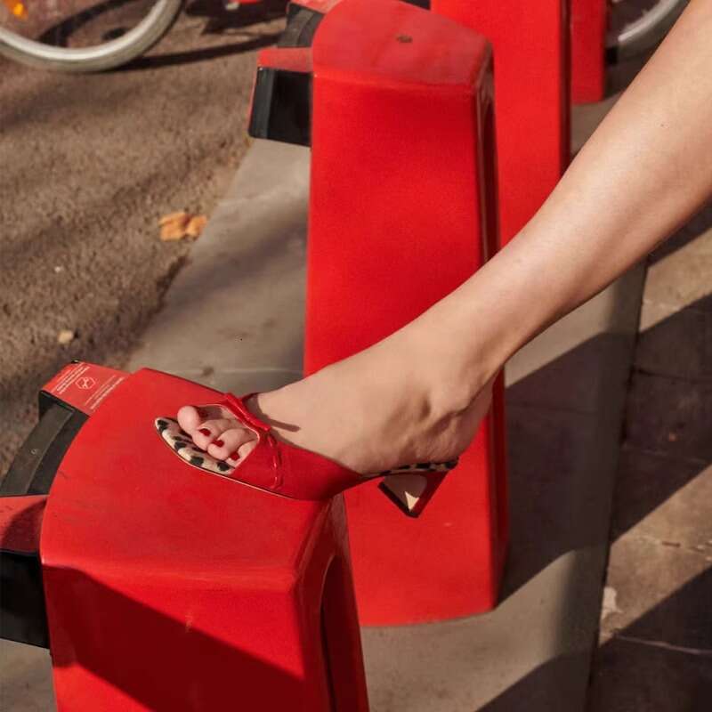 35-41 Plus Size Red Chunky Kitten Mules Bowknot Sandals Square Toe High Heel Designer Shoe Slippers for Women