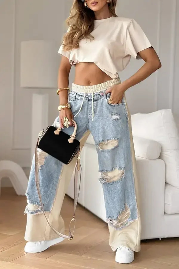 Womens Denim Trousers with Stitching and Ripped n Patchwork Hole Elastic Waist Straight Jeans Casual Street Comfy 251225