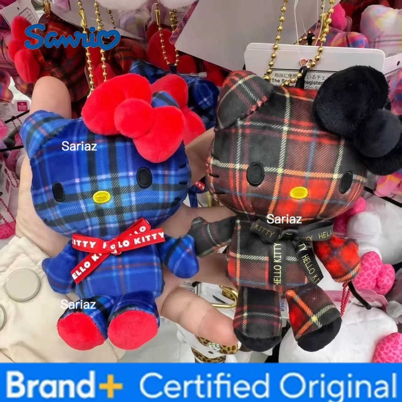 Sanrio Kawaii Cartoon Kitty Cat Plush Doll Pendant Retro Checkered Plush Pendant Cute Demon Angel Kuromi Melody Plush Key Chain H251225