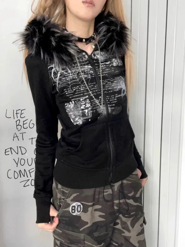 Autumn Winter Harajuku American High Street Fur Collar Zipper Hoodie Men Y2k Goth Punk Hiphop Rock Oversized Sweatshirt Women 251028