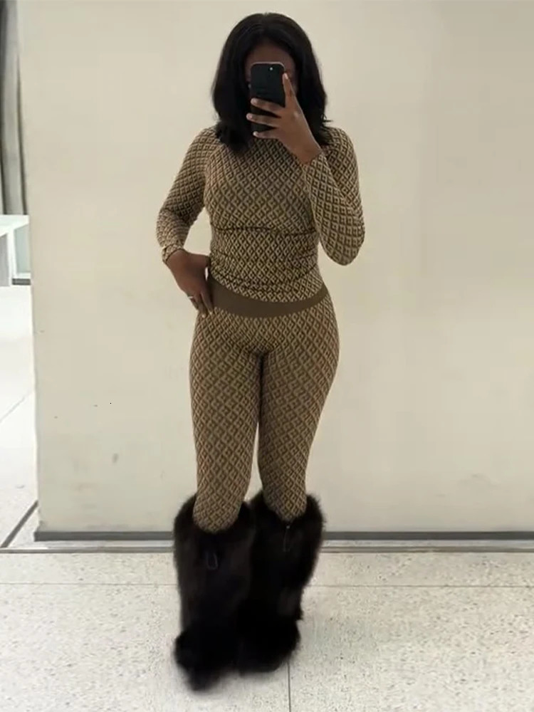 Women Print Base Layer Set Sheath Long Sleeve Turtleneck Pullover Trousers Chic Allmatch Twopiece Sets Sport Street Underwear 251225 - view 6