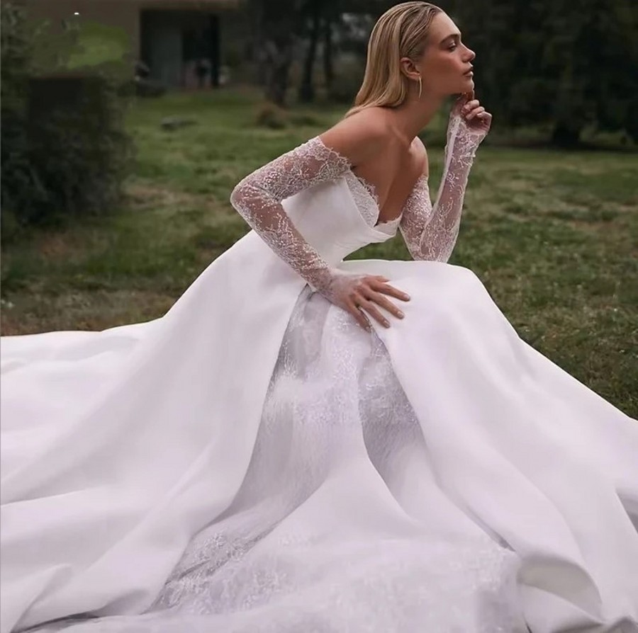 Elegant A-line Wedding Dress 2026 Off-the-shoulder Long Sleeve Lace Satin Princess Bridal Bride Gowns For Women Vestidos De Noiva Robe de Mariee