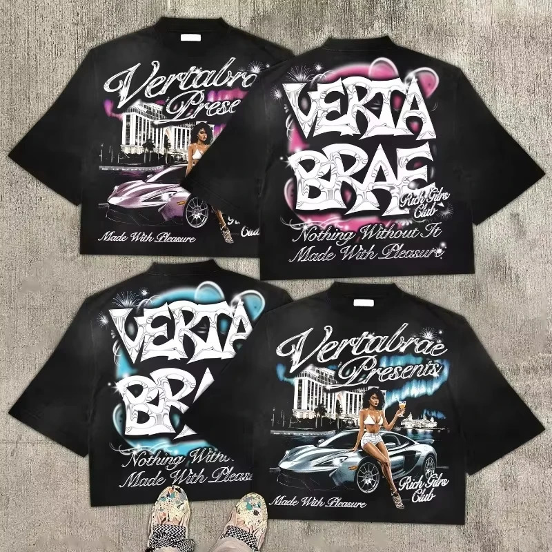 American fashion pure cotton printed cartoon pattern oversized Tshirt for couples street hiphop Harajuku loose round neck shirt 251225