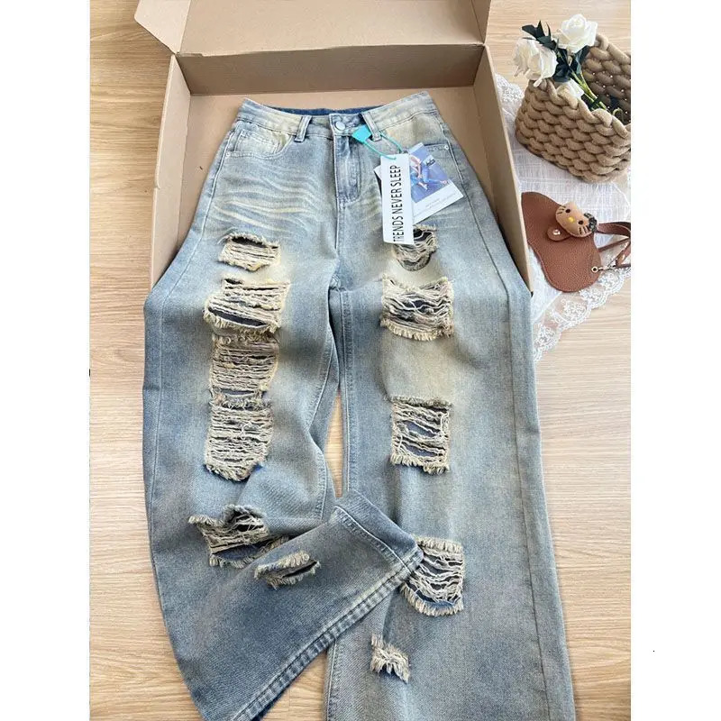 Autumn Retro Old Ripped Jeans Wideleg Women Loose Pants Trousers Baggy 251225