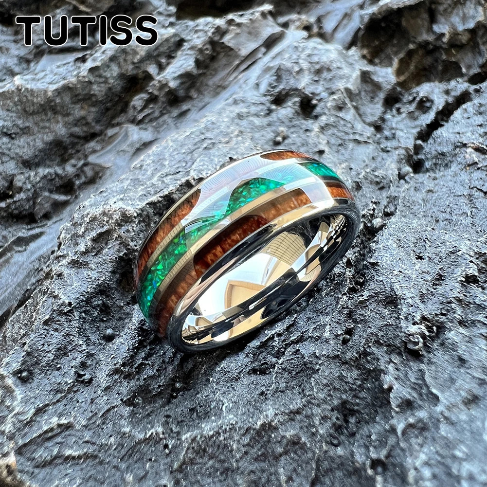 TUTISS 8mm Black Tungsten Ring for Men Women Engagement Wedding Band Fashion Jewelry Green Opal Koa Wood Inlay Comfortable Fit 251224
