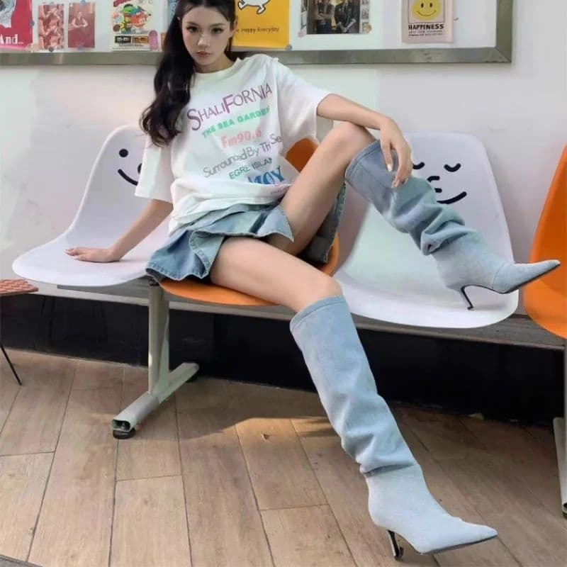 Winter Women Denim Long Boots Fashion Pointed Toe Ladies Elegant Knee High Boots Thin High Heel Knigh Boot NOXYZ16