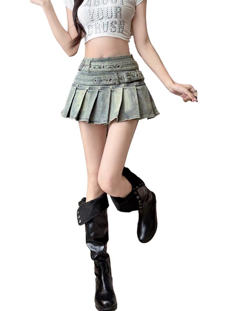 American Retro Streetwear Cross Spicy Pleated Skirt Denim Shorts Y2K Cowboy Skirt Casual Sweetheart Gothic High Waist Slim Skirt