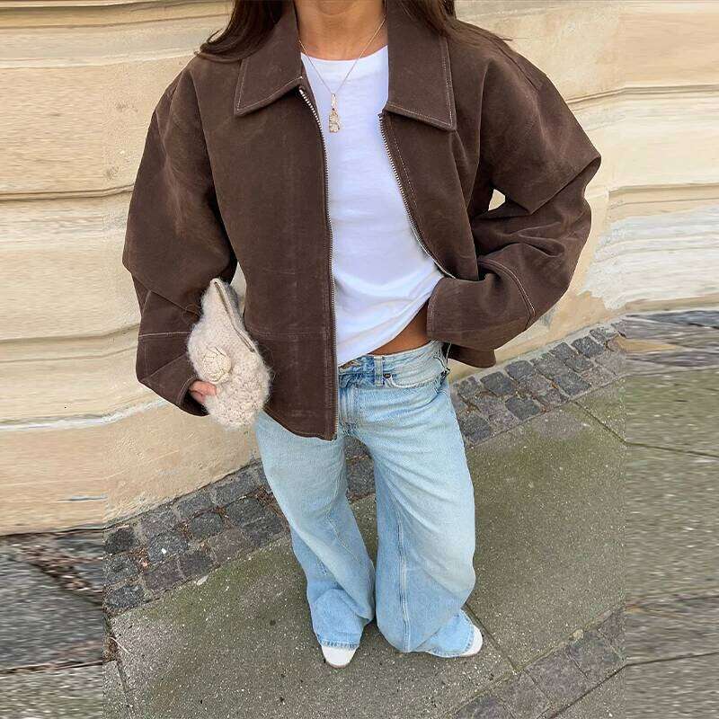 Designer Fashion 2026 Brown Suede Women's Jackets Turn-Down Collar Zipper Loose Lady Short Coats 2026 Spring Female Street Office Outwear New