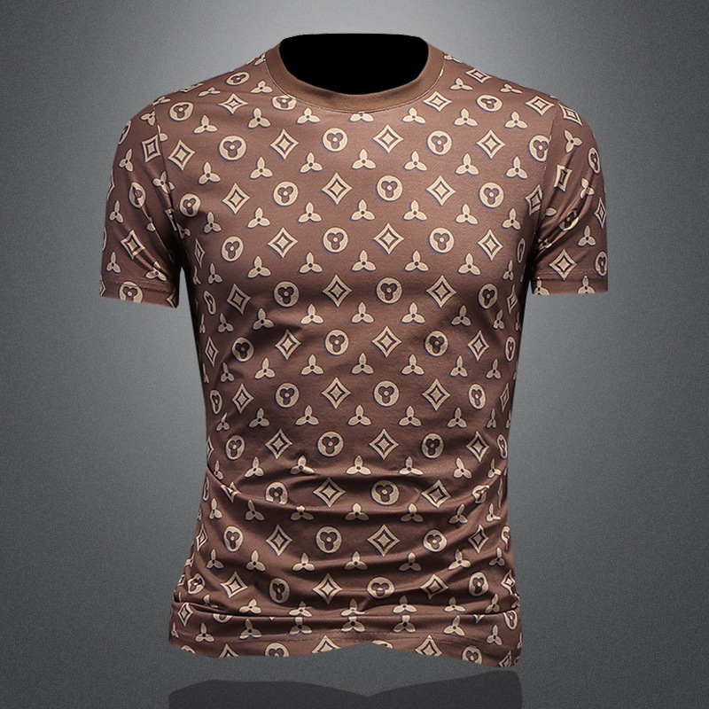 Free Shipping 2026 Summer New Printed Short Sleeve T Shirt Men Trendy Fashion Round Neck Slim Fit Oversize Versatile Top Green Coffee Grey