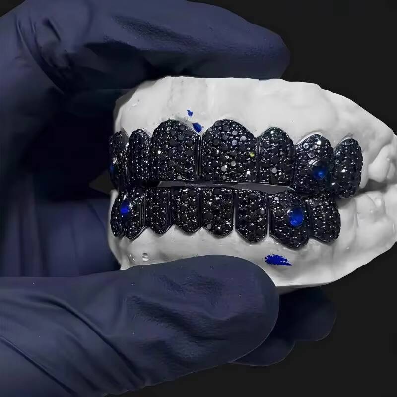 Custom Teeth Grillz Iced Out Black VVS Moissanite Diamond with Blue SapphireHoneycomb Pave Setting S925 Silver Hip Jewelry