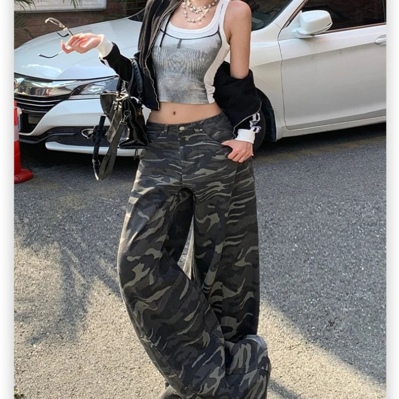 American Style Vintage Camouflage Wide Leg Jeans High Waist Loose Casual Floor Length Straight Cut Womens Winter Trousers 251225