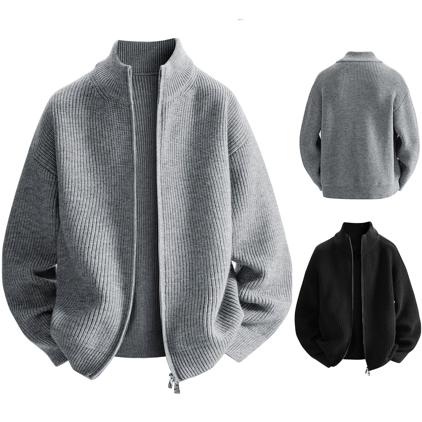 Men's Solid Color Zip-Up Cardigan Sweater, Autumn & Winter Bestseller, Loose-Fit Stand-Up Collar Streetwear Jacket