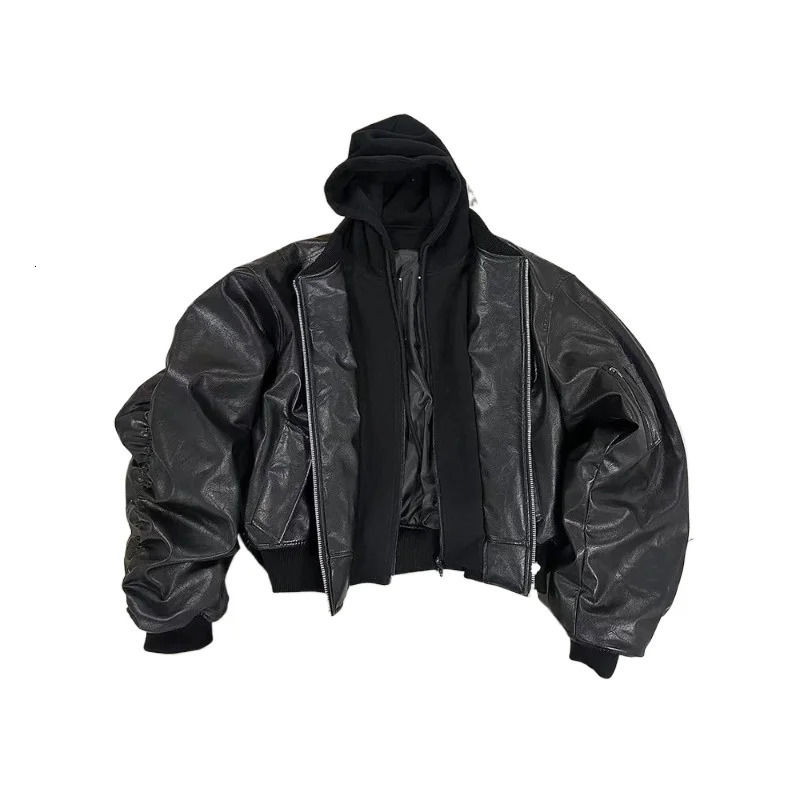 Autumn Winter Men Clothing Oversized Cool Black Thickened Warm Pu Leather Leisure Jacket Hood 2 Clothes 251225