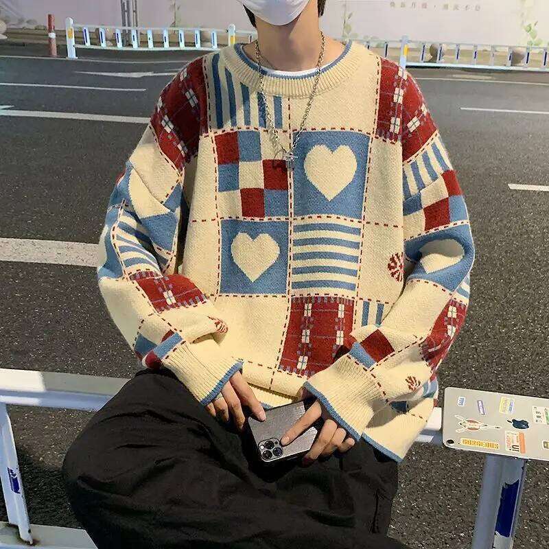Japanese Retro Contrasting Checkered Heart-Shaped Round Neck Sweater Men's And Women's Trendy Brand Loose Fitting Student Couple