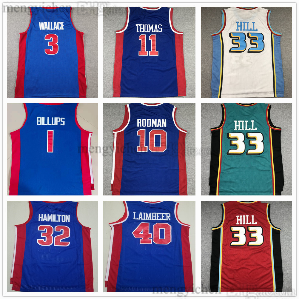 Retro Men's Grant 33 Hill Jerseys Basketball Isiah 11 Thomas Dennis 10 Rodman Richard 32 Hamilton Bill 40 Laimbeer Ben 3 Wallace Chauncey 1 Billups All Stitched