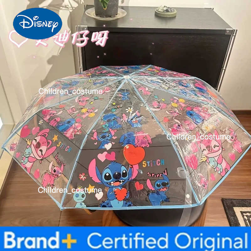 Disney Cartoon Cute Stitch Fully Automatic Transparent Umbrella Folding Three Fold Umbrella Sunshade Mens and Womens Umbrellas H251226