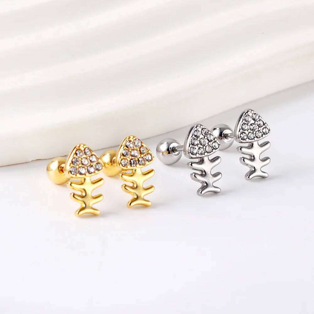 New Earrings Suitable for Women and Girls Accessories Gifts Cubic Zirconia Steel Balls Screw Plugs Fish Bones Jewelry 25H1226