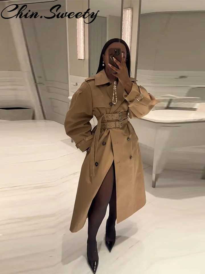Elegant Solid Belt Women Trench Coat Casual Double Breasted Long Sleeve Lapel Female Jacket 2025 Autumn Urban Lady StreetwearT251226