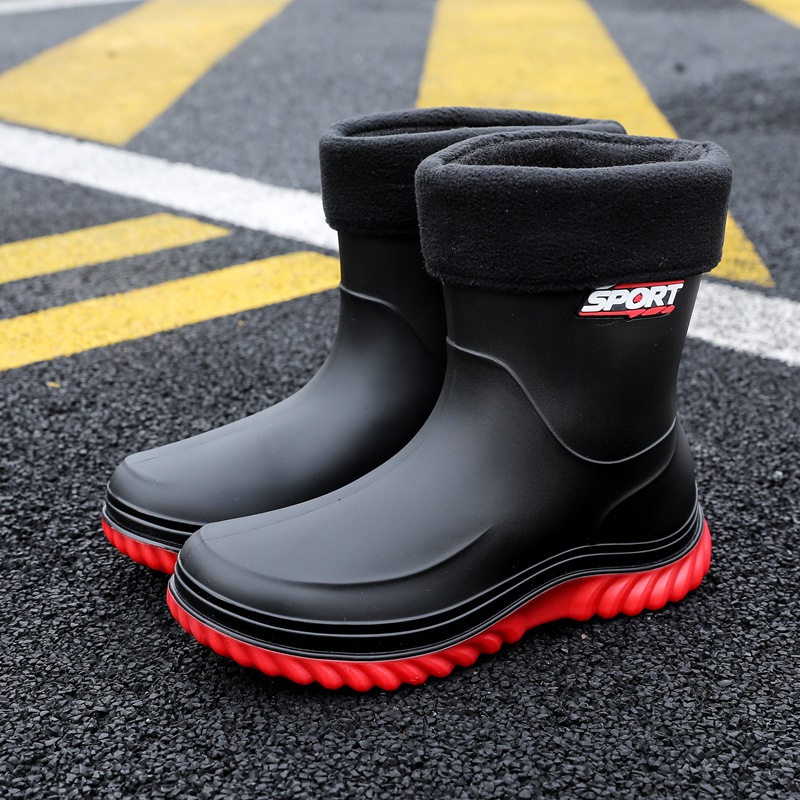 2025 Fashionable rain boots for men fleece-lined high-quality appearance mid-calf outdoor non-slip adult waterproof rubber shoes water shoes