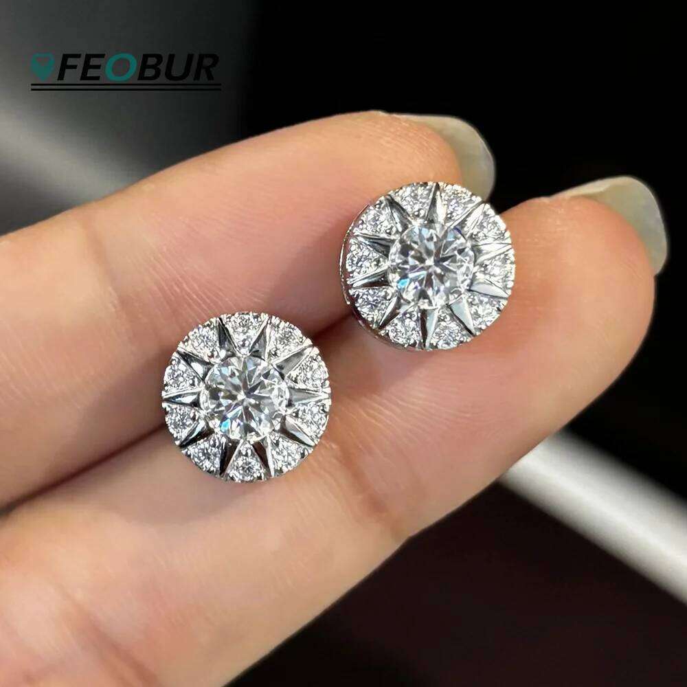 FEOBUR 10mm D Color Moissanite Cluster Stud Earrings for Women 925 Sterling Silver Diamond Ear Studs Man Hiphop Jewelry Gift 25H1226