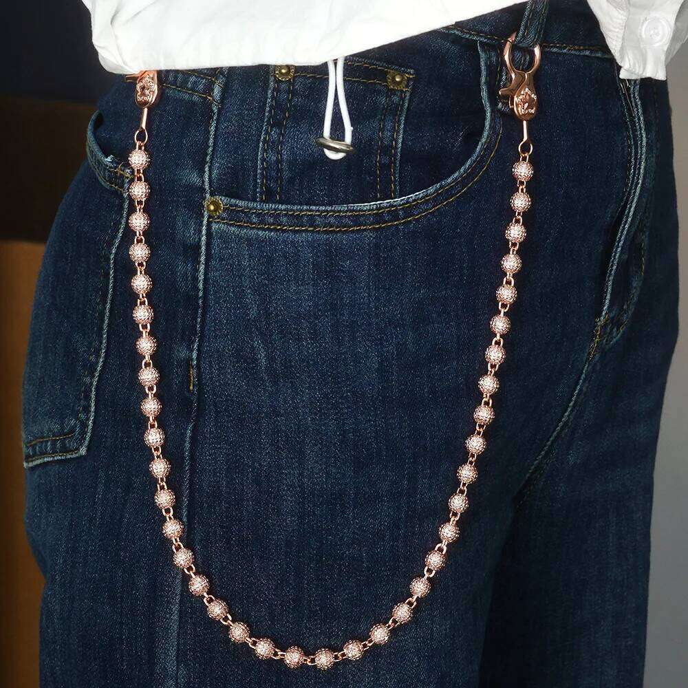 jewelry Rose Gold Plated Iced Out Pants Chain Women's Micro Pave CZ Round Bead Keychain Jewelry Hip Hop Fashion Gift