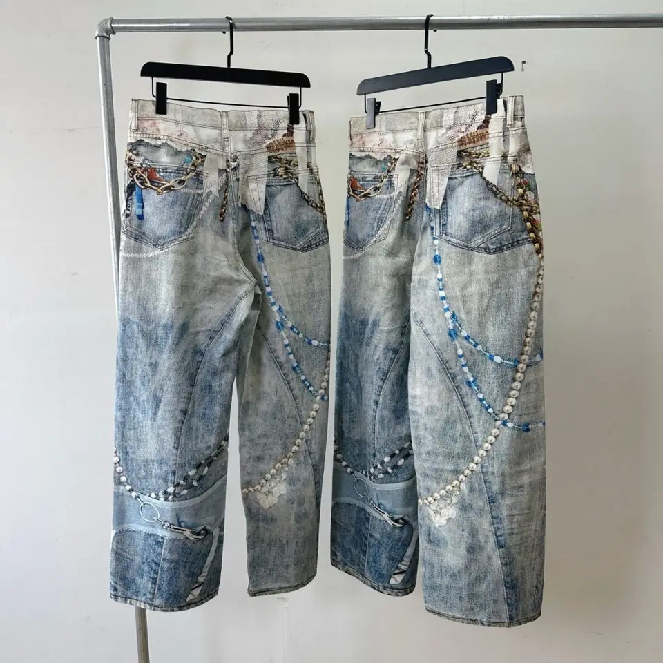 American retro jeans y2k lace pearl chain 3D printed straight scimitar for men and women loose couple trousers 251226