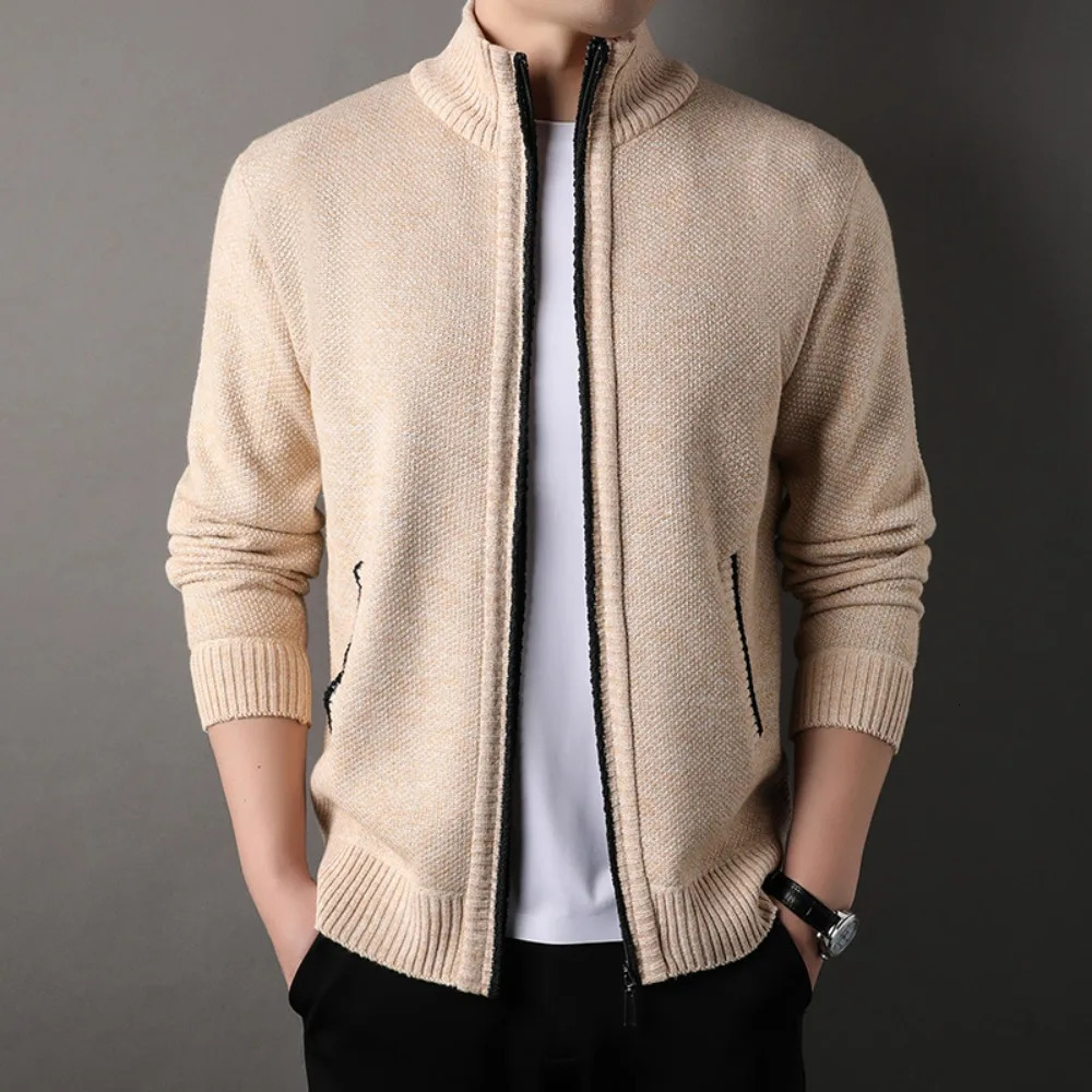 Mens Standup Collar Knit Sweater Autumn Winter Cardigan Tops Korean Slim Solid Color Sweatercoat Jacket 251226