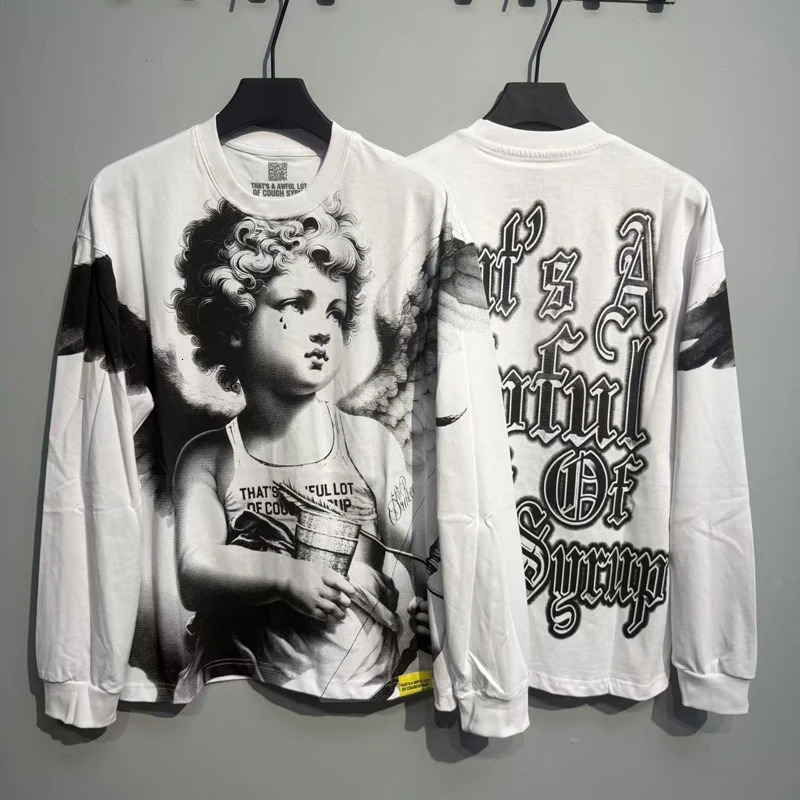 American Trend THATS A AWFUL LOT OF COUGH SYRUP Long-sleeved T-shirt High Street Casual Trend Angel -printed T-shirts 251225