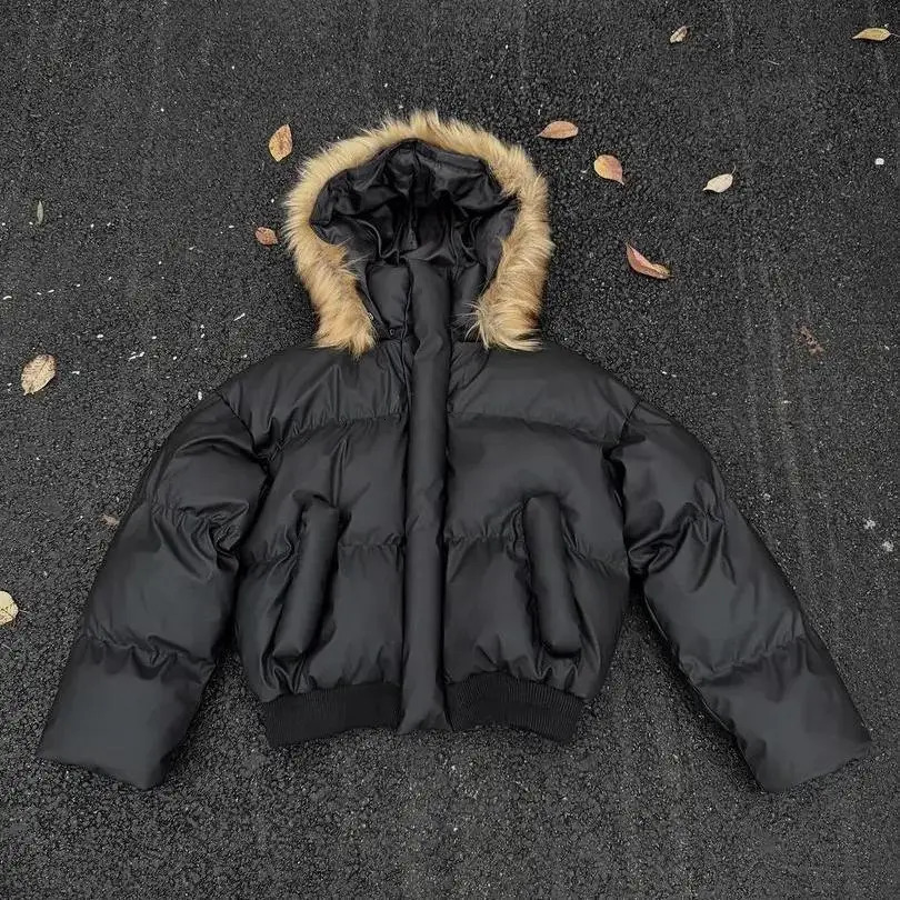 American Short Fur Collar Jacket Men Hooded Parka Jacket Hooded Long Sleeve Winter Casual Loose Cardigan Harajuku Zipper Coat 251222