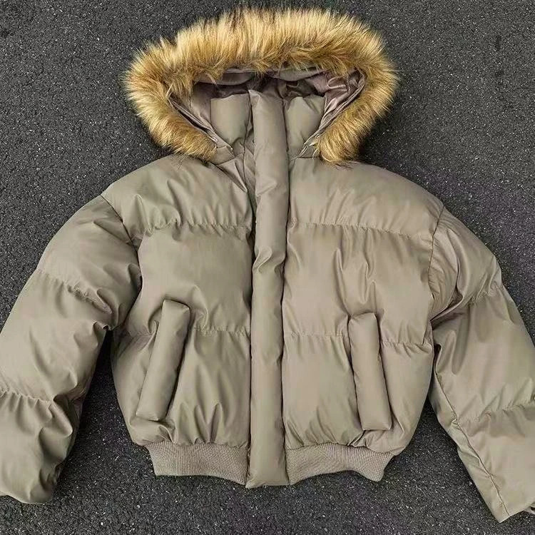 American Short Fur Collar Jacket Men Hooded Parka Jacket Hooded Long Sleeve Winter Casual Loose Cardigan Harajuku Zipper Coat 251222