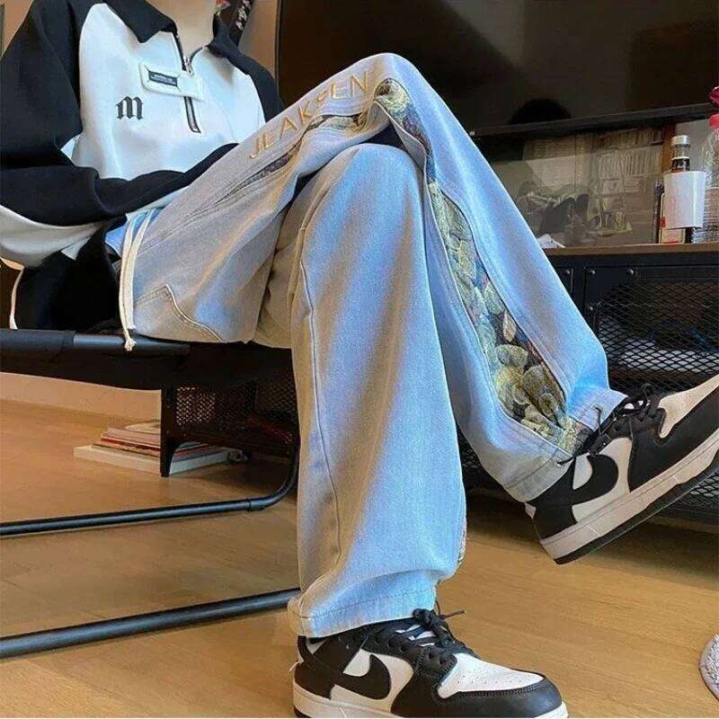 2023 Embroidered Bear Jeans Men's Spring Fall Straight Loose Plus Wide Leg Fashion Brand American High Street Casual Pants