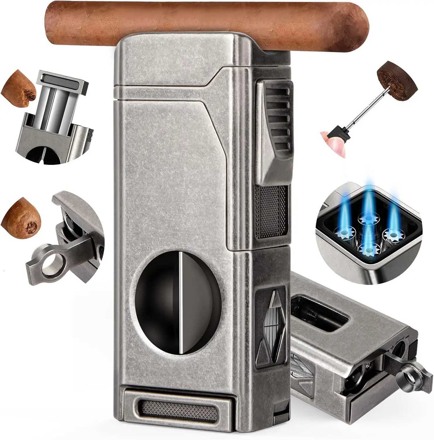 Scotte Cigar Lighter 4 Jet FlameRefillable Butane Lighter with Cigar Cutter V Cut Cigar Punch Cigar Holder Cigar Draw Enhancer Y251218