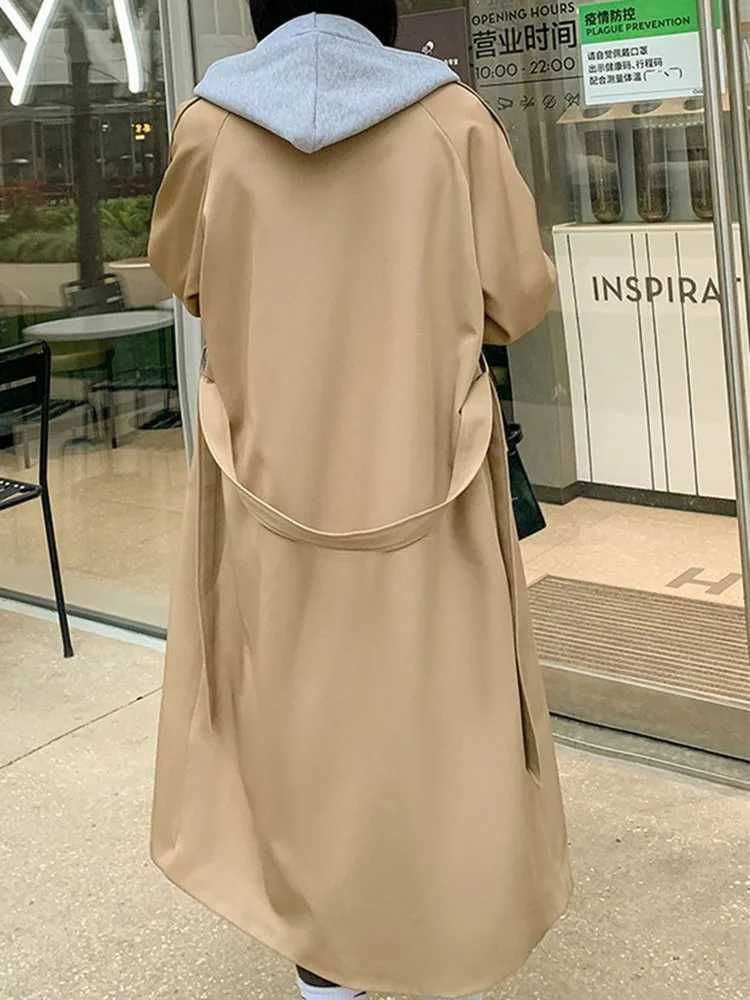 White Khaki Black Loose Trench Coat Women Spring Autumn Double-breasted Removable Hood Long Windbreaker Female Belt OuterwearT251226