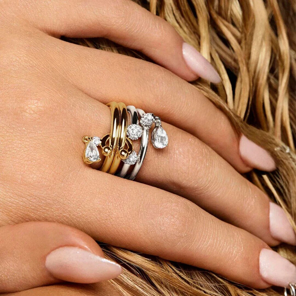 2026 NEW Fashion Design High Quality Multilayer Stacking Pendant Finger Ring Women Girl Geometry Cubic Zirconia Bling Charm Gold Plated Jewelry Gift