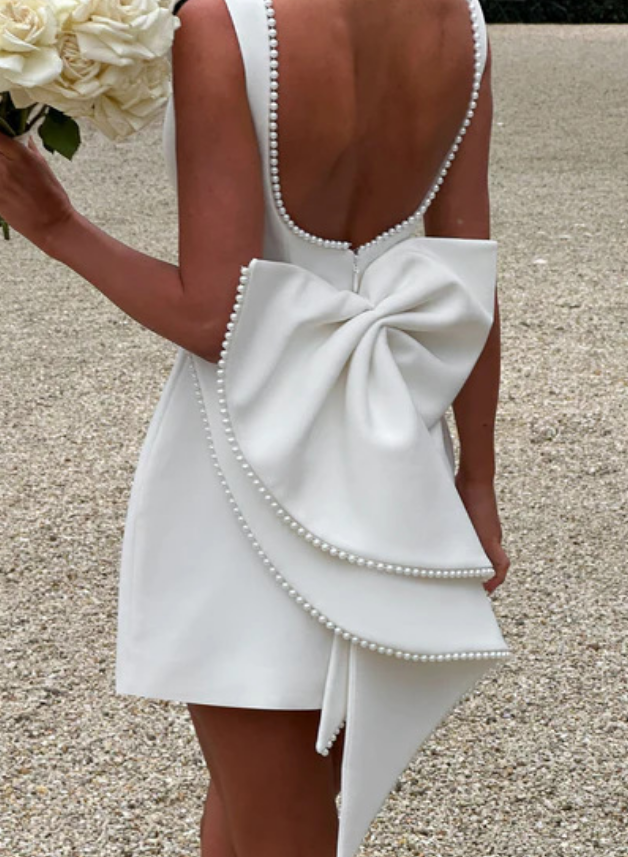 Casual Dresses Elegant Pearl Bow Backless Sexy Mini Dress Women's Luxury Party Short White Black Pink Birthday Evening Wedding