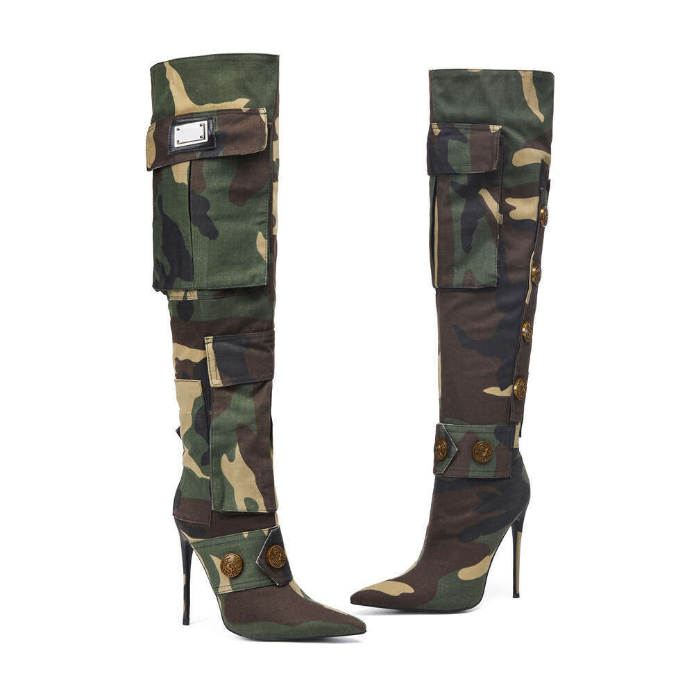 Over-the-Knee Pointed Toe High Heel Camouflage Rivet Cross-Border Fashion Large Size Motorcycle Women's Long Boots Trendy