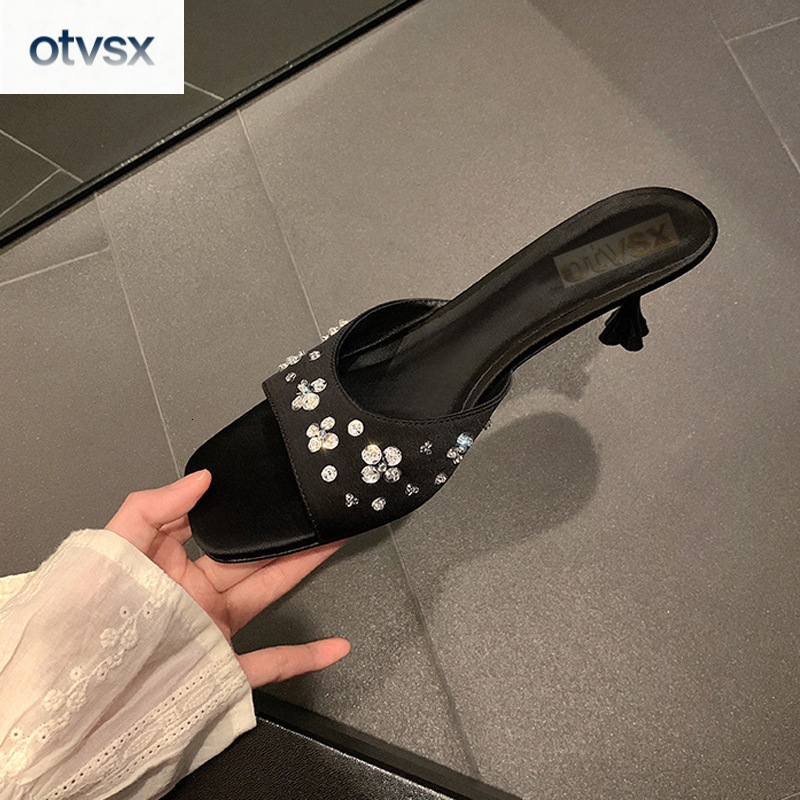 Otvsx autumn and winter new French square toe luxury sandals with sexy and charming design, petal rhinestone elegant women's high heels