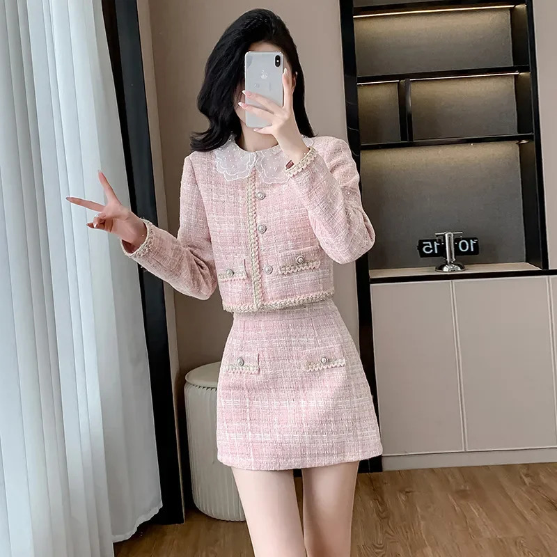 French Elegant Fashion Set Autumn Winter Coarse Tweed Small Fragrance Style Coat Womens Mini Skirt Two Piece 251211