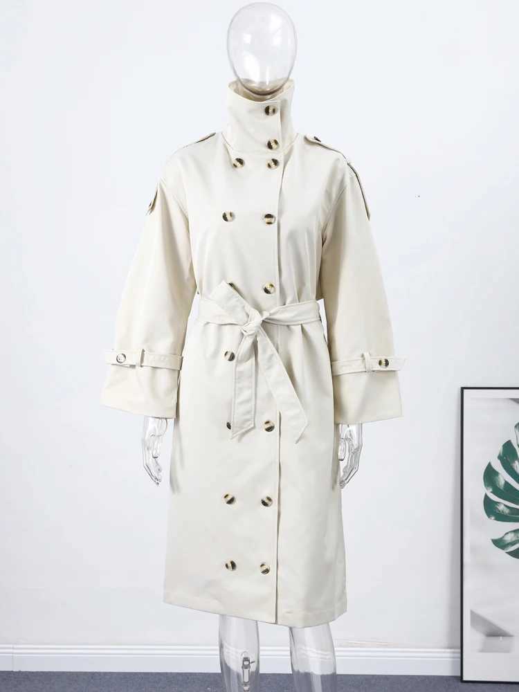 Elegant Lace Up Stand Collar Long Trench Coat Women Double Breasted Slim Waist Solid Windbreaker 2025 Autumn Lady Street OutwearT251226