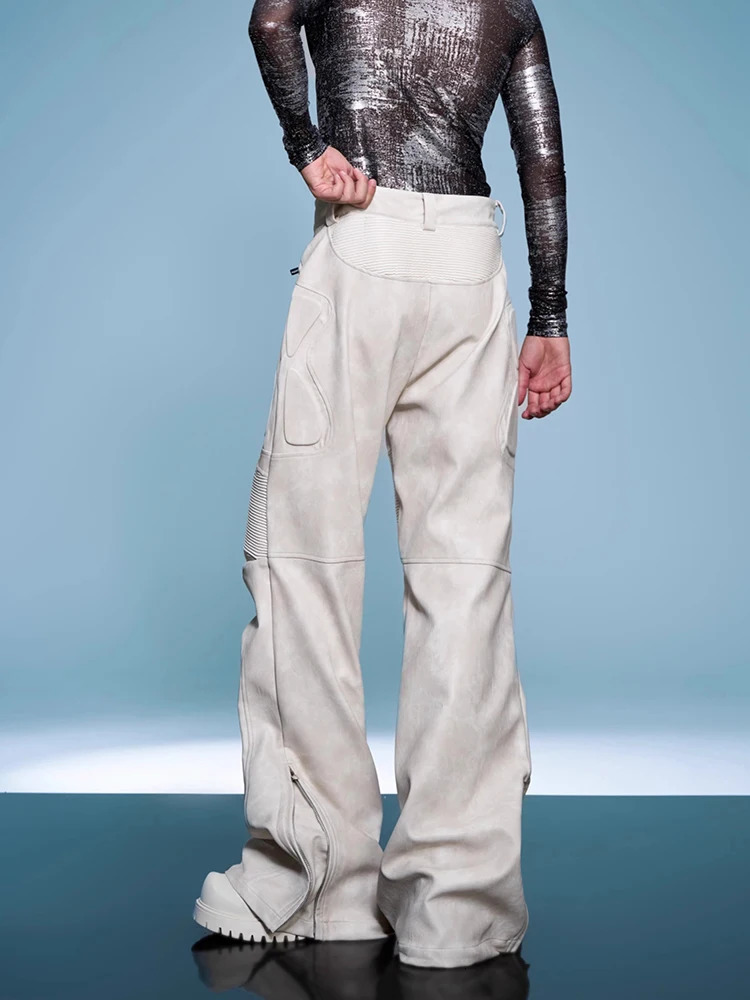 Mauroicardi Spring Autumn Cool Distressed White Long Pu Leather Straight Pants Men y Mens ner Clothes Streetwear 251226