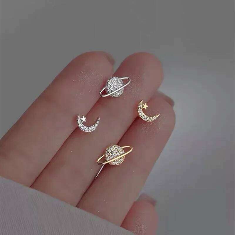 Simple Zircon Star Moon Stud Earrings for Women Gold/Silver Color Asymmetry Ear Pendants Fashion Jewelry 25H1226