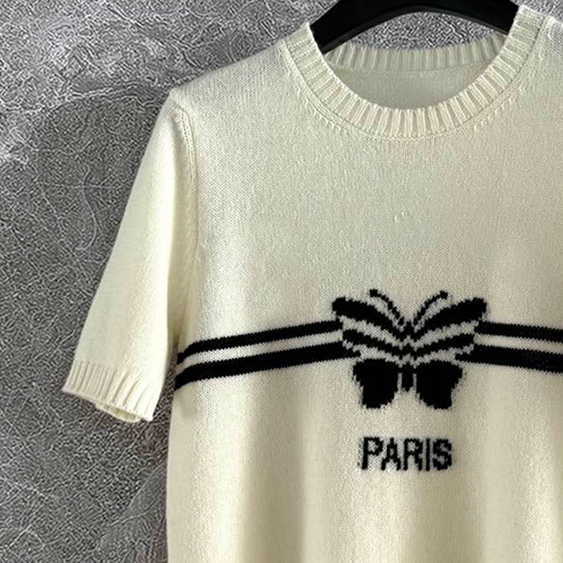 Ladies Cashmere Bow Knit Short Sleeve Top Designer Vintage Luxury Crewneck Letter Embroidery Classic Pullover Party Chic Soft Warm Elegant T-shirt For