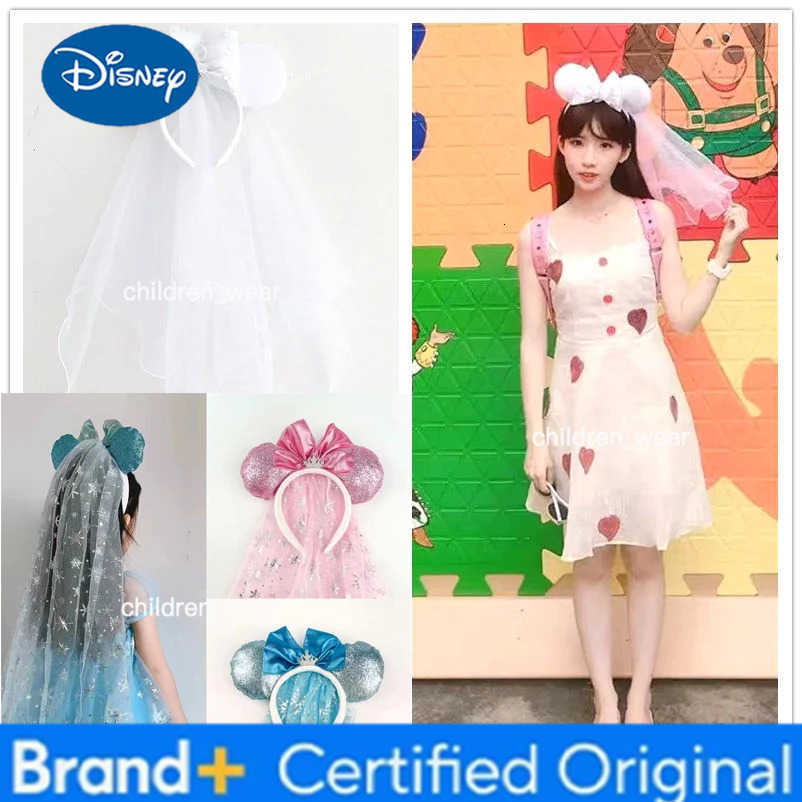 Disney White Wedding Mickey Mouse Headband Frozen Elsa Princess Ears Blue Veil Headband Womens Sequin Bow Crown Park Tiara H251226
